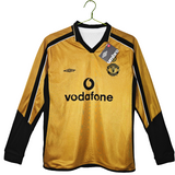 Camisa Manchester United 2001/02 Manga Longa - Versão Retrô Masculino - Dupla Face Dourado e Branco